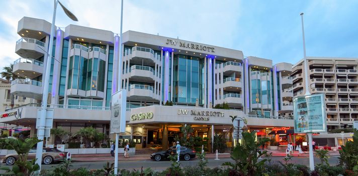 Cannes, France - June 27, 2018: Night view of Luxury hotel JW Marriott, located on the famous La Croisette boulevard. Built in 1990 under the name of JW Marriott Cannes.