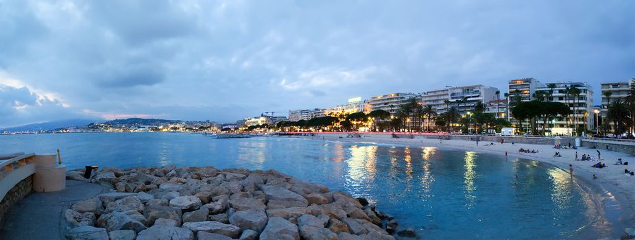 Cannes, France - June 27, 2018: Night view on the Cannes from the beach