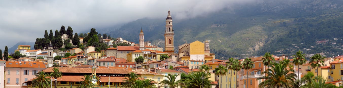 Menton, France - June 30, 2018: Panoramic view on old town. Menton is a small seaside town on the French Riviera.