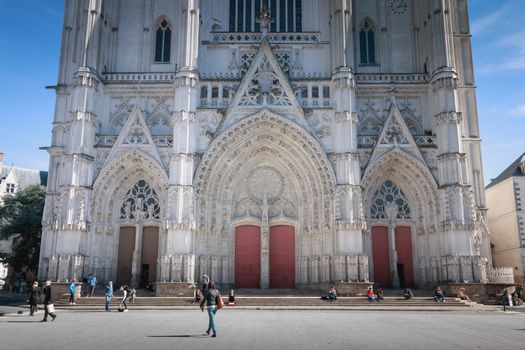 Nantes, France - September 29, 2018: parvis of Saint Pierre cathedral in Nantes where people walk on a summer day...