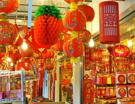KAOHSIUNG, TAIWAN -- DECEMBER 31, 2017: Chinese New Year's decorations with lucky symbols meaning prosperity are on sale at a store