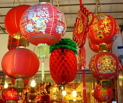 KAOHSIUNG, TAIWAN -- DECEMBER 31, 2017: Chinese New Year's decorations with lucky symbols meaning prosperity are on sale at a store