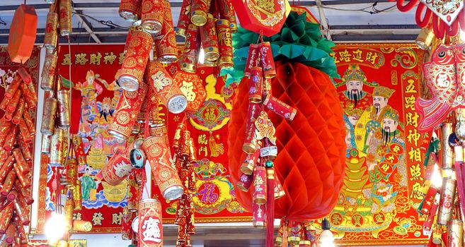 KAOHSIUNG, TAIWAN -- DECEMBER 31, 2017: Chinese New Year's decorations with lucky symbols meaning prosperity are on sale at a store