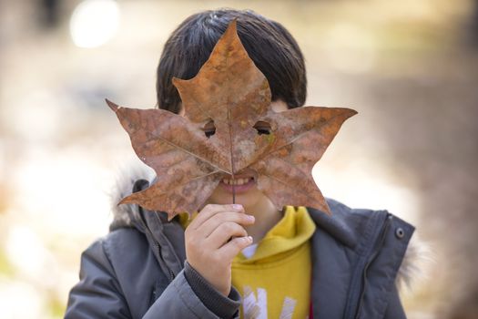 Boy using a leaf as a mask