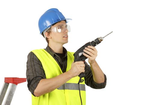 Worker man with a drill. Isolated on white.