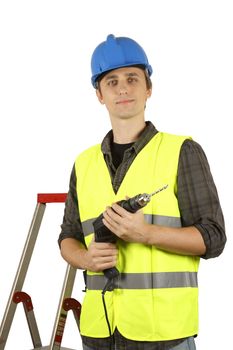 Worker man with a drill. Isolated on white.