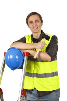Smiling worker man with hammer and helment. Isolated on white.