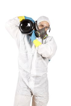 Scientist holding a black plastic storage jar on his shoulder. Isolated on white.