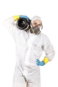 Scientist holding a black plastic storage jar on his shoulder. Isolated on white.