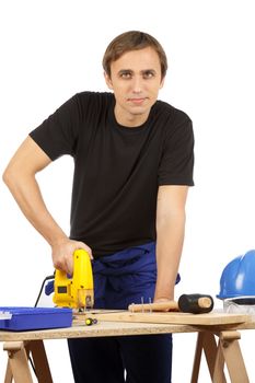 Man working with tools and wood. Over white.