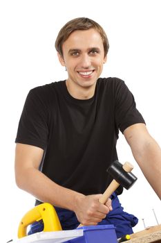 Man working with tools and wood. Over white.