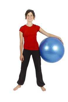 Young woman with a blue yoga ball.