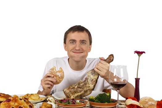 Young man with mouth full of food. Isolated of white background.