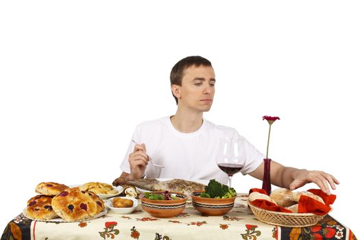 Young man taking bread. Isolated of white background.