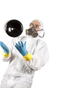 Scientist falling with black plastic storage jar.