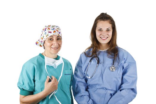 Portrait of smiling surgeon and doctor isolated on white background.