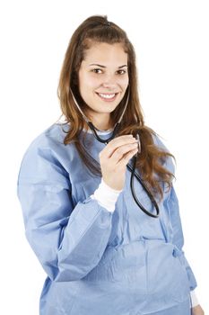 Smiling doctor with stethoscope and blue uniform.