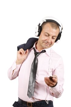 Businessman with headphones over white.