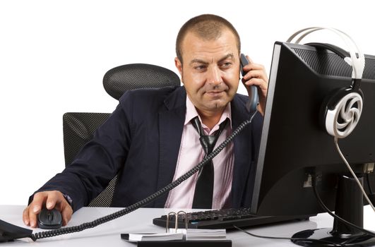 Businessman cheking data on computer. Over white.