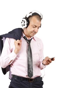 Businessman with headphones over white.