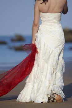 Bride with red ribbon.