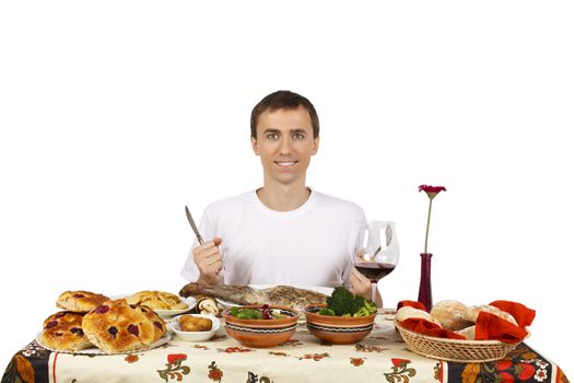 Young man waiting for lunch isolated of white background.