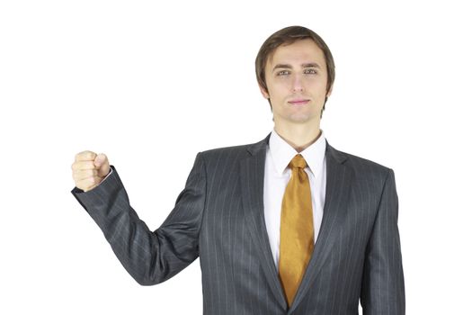 Businessman holding up from front an imaginary poster isolated on white background.