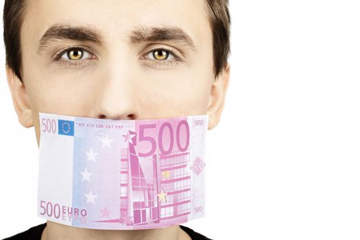 A man with a 500 euro note on his mouth. Everyone has a price.