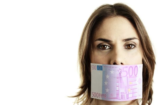 A young woman with a 500 euro bill on her mouth. Everyone has a price.