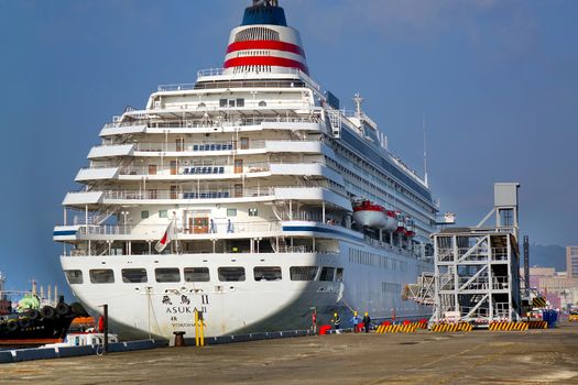 KAOHSIUNG, TAIWAN -- DECEMBER 1, 2019: The Japanese cruise ship Asuka II docks at Kaohsiung port as part of its Asian cruise journey.