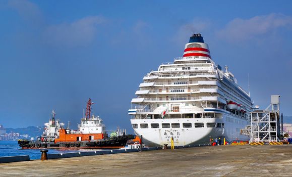 KAOHSIUNG, TAIWAN -- DECEMBER 1, 2019: The Japanese cruise ship Asuka II docks at Kaohsiung port as part of its Asian cruise journey.