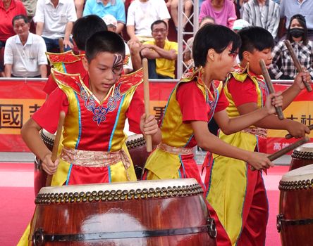 KAOHSIUNG, TAIWAN -- MAY 26, 2019: A junior high school percussion group performs at the Qing Yun Temple in the Dashe District of Kaohsiung City.