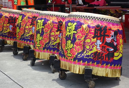 KAOHSIUNG, TAIWAN -- MAY 26, 2019: Large decorated drums to be used at a performance at the Qing Yun Temple in the Dashe District of Kaohsiung City.
