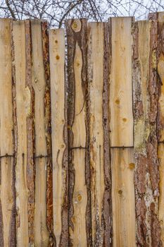 fence around the garden of unpainted boards on a winter day