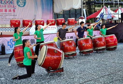 KAOHSIUNG, TAIWAN -- JUNE 7, 2019: A percussion group rehearses for the opening ceremony of the Dragon Boat Festival.