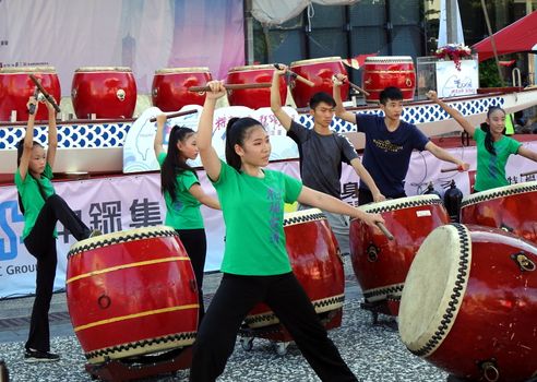 KAOHSIUNG, TAIWAN -- JUNE 7, 2019: A percussion group rehearses for the opening ceremony of the Dragon Boat Festival.