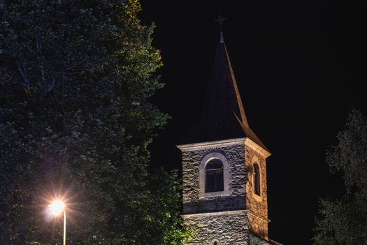 architectural detail of the Sainte Marie chapel at night in Saint Lary Soulan in France