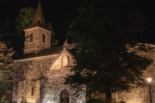 architectural detail of the Sainte Marie chapel at night in Saint Lary Soulan in France