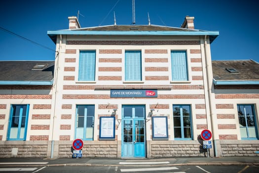 Montaigu, France - August 2, 2018: Architectural detail of the small Montaigu train station on a summer day