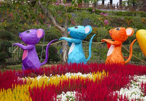 KAOHSIUNG, TAIWAN -- JANUARY 25, 2020: To celebrate the Chinese Year of the Rat Fo Guang Shan Buddhist monastery has set up cute lanterns in the shape of a rat.
