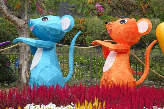 KAOHSIUNG, TAIWAN -- JANUARY 25, 2020: To celebrate the Chinese Year of the Rat Fo Guang Shan Buddhist monastery has set up cute lanterns in the shape of a rat.