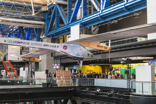 Paris, France - October 6, 2018: Exhibition of the famous Solar Impulse HB-SIA electric aircraft during the Science Fair 2018 in the hall of the City of Science and Industry