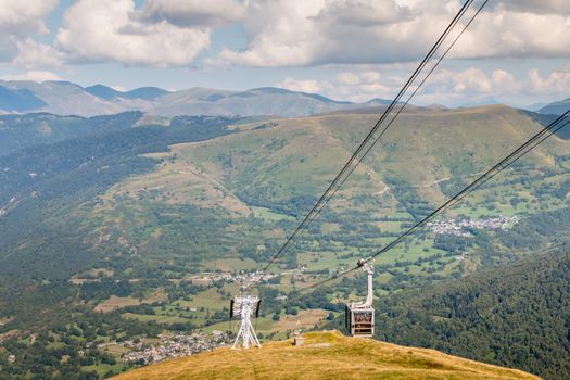 grey cable car that goes up the mountain in the Pyrenees