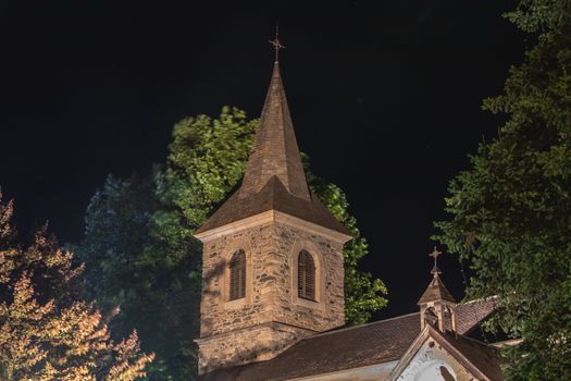 architectural detail of the Sainte Marie chapel at night in Saint Lary Soulan in France