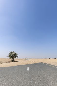 Vertical shot of an empty road covered by sand in the desert with large copy space in the blue sky