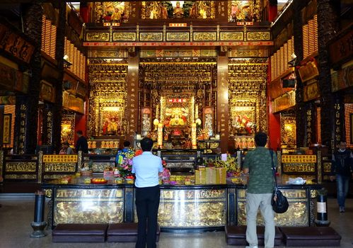 PINGTUNG, TAIWAN -- JULY 6 , 2017: The richly decorated interior of the Fu-An Temple, the largest temple dedicated to the Earth God in Taiwan.