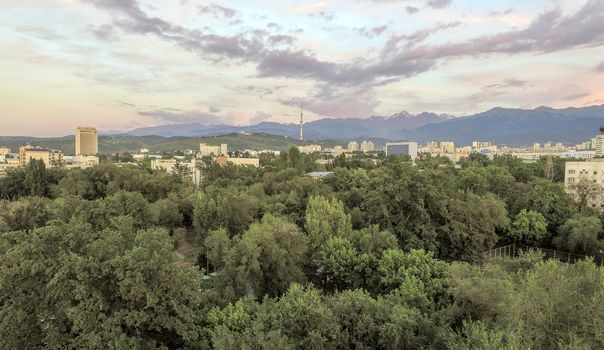 Panoramic aerial view of Almaty city, Kazakhstan.