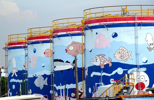 KAOHSIUNG, TAIWAN -- JUNE 27, 2019: Large fuel storage tanks are painted with colorful ocean scenes.
