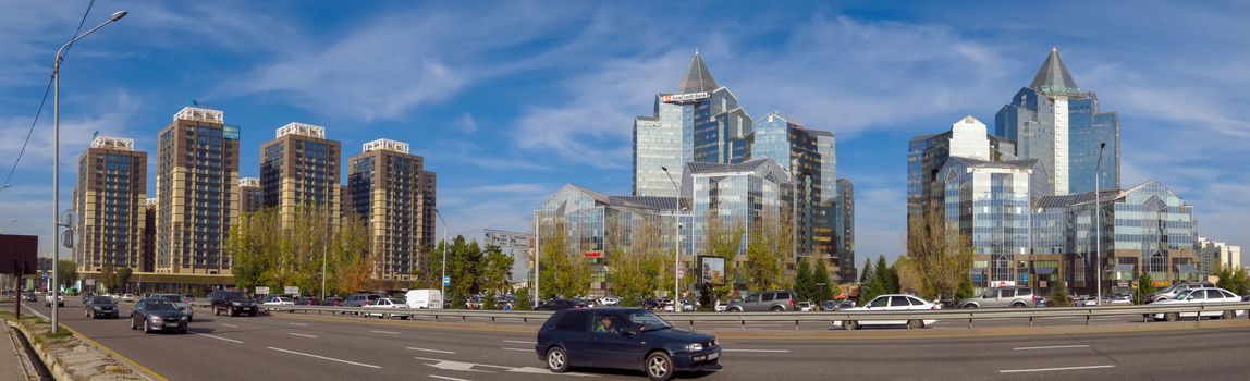 Almaty, Kazakhstan - November 9, 2017: The complex of buildings along Al-Farabi avenue in Almaty, Kazakhstan