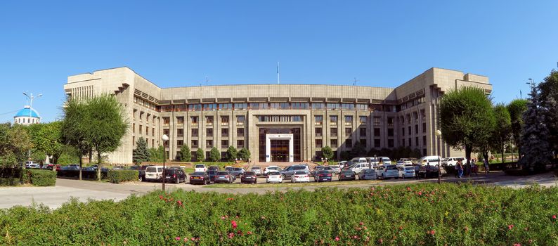 Almaty, Kazakhstan - September 8, 2017: Panoramic view of the building of Halyk Bank of Kazakhstan.